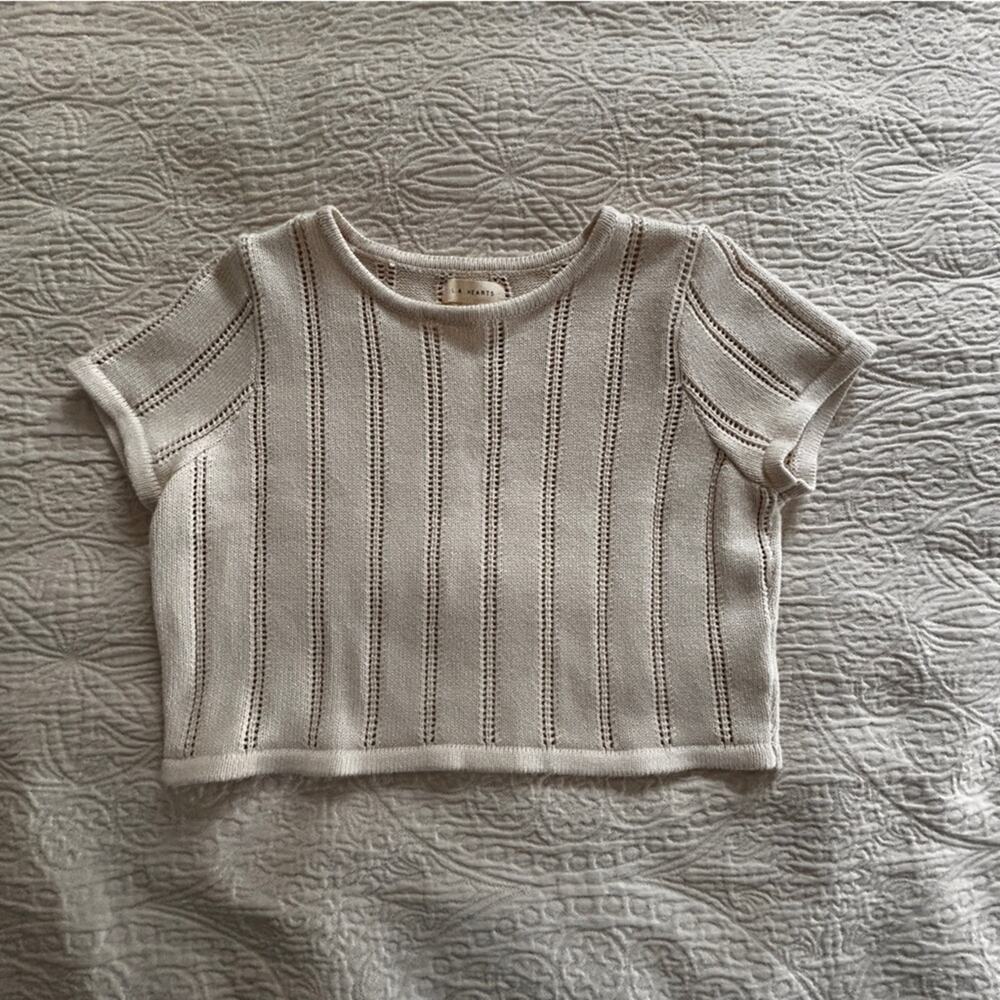 La Hearts Women’s Short Sleeve sweater, open knit, in Cream